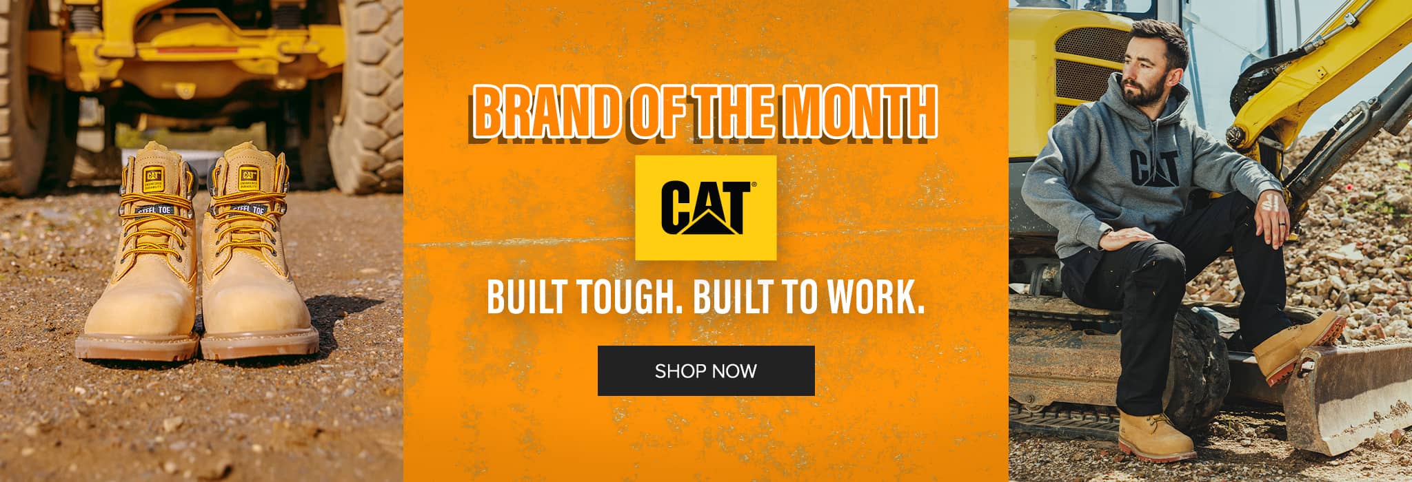 A promotional banner for CAT featuring a central orange panel with the text 'BRAND OF THE MONTH', the CAT logo, and 'BUILT TOUGH. BUILT TO WORK.