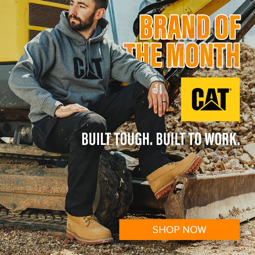 A promotional banner for CAT featuring a central orange panel with the text 'BRAND OF THE MONTH', the CAT logo, and 'BUILT TOUGH. BUILT TO WORK.