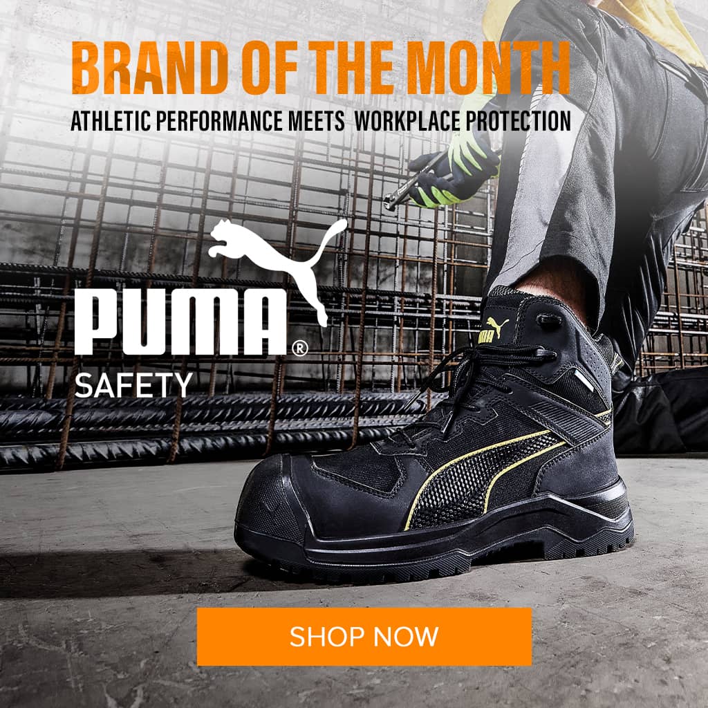 Promotional banner for Puma Safety featuring Puma Safety Rock Heavy Duty Waterproof Boot S7S in black and yellow. Text: "Brand of the Month" and "Athletic Performance Meets Workplace Protection."
