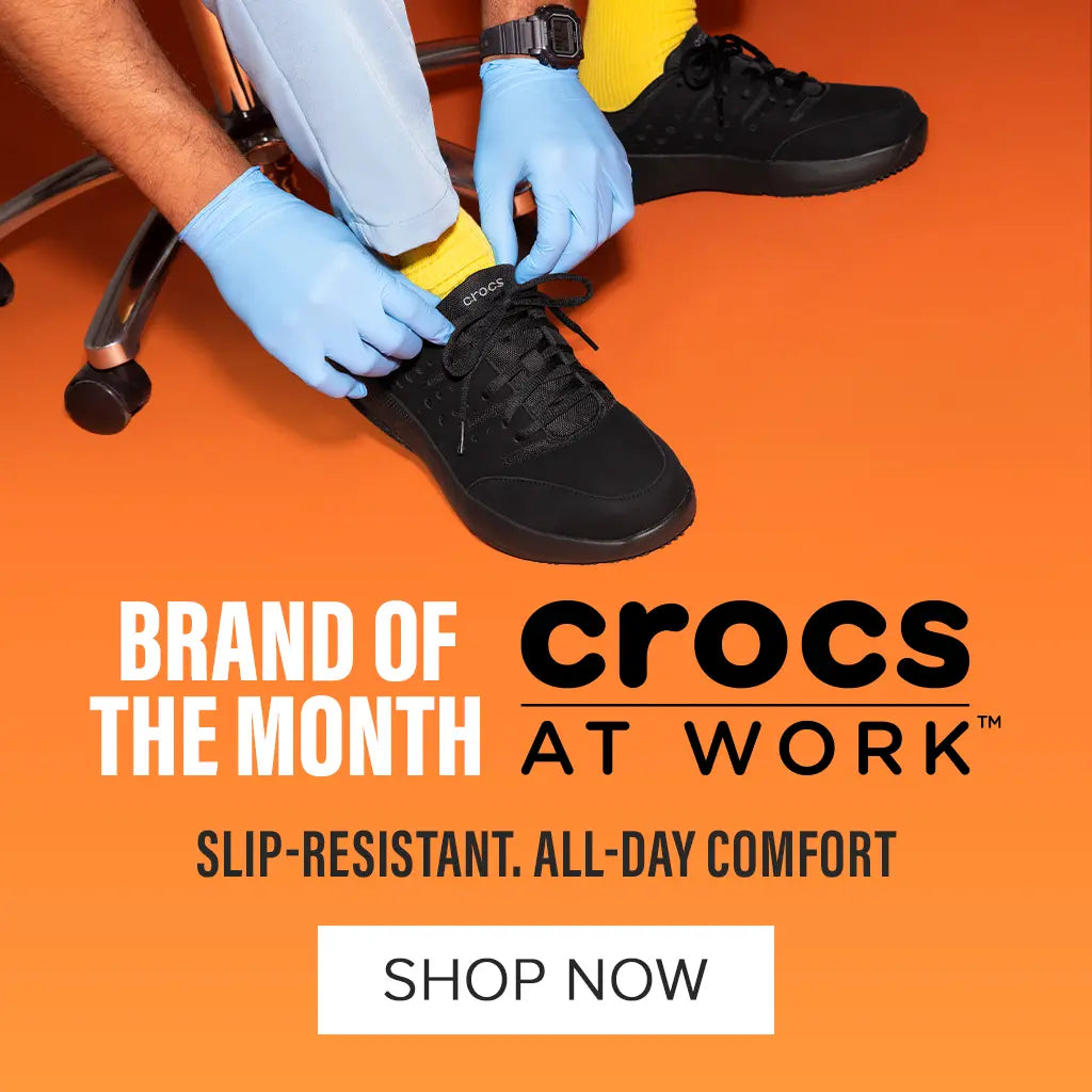 BRAND OF THE MONTH CROCS AT WORK. SLIP-RESISTANT. ALL-DAY COMFORT. SHOP NOW