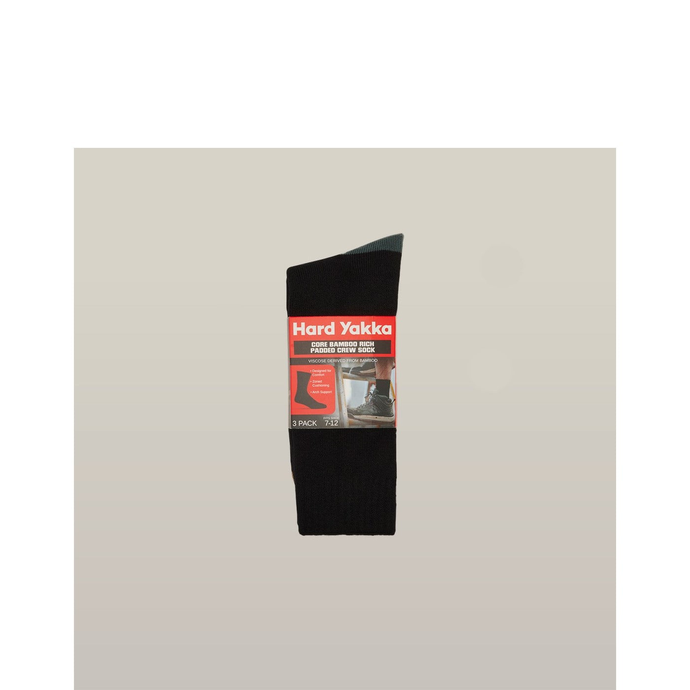 Hard Yakka Core Bamboo Rich Padded Crew Sock - 3 Pack  Multicoloured