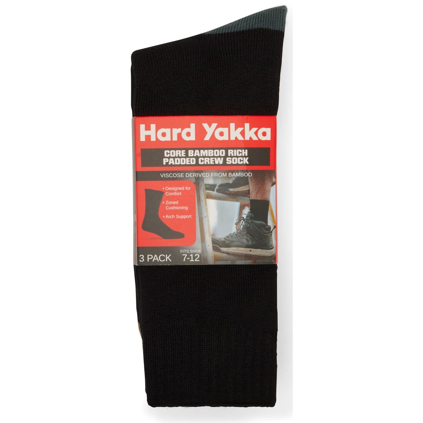 Hard Yakka Core Bamboo Rich Padded Crew Sock - 3 Pack  Multicoloured