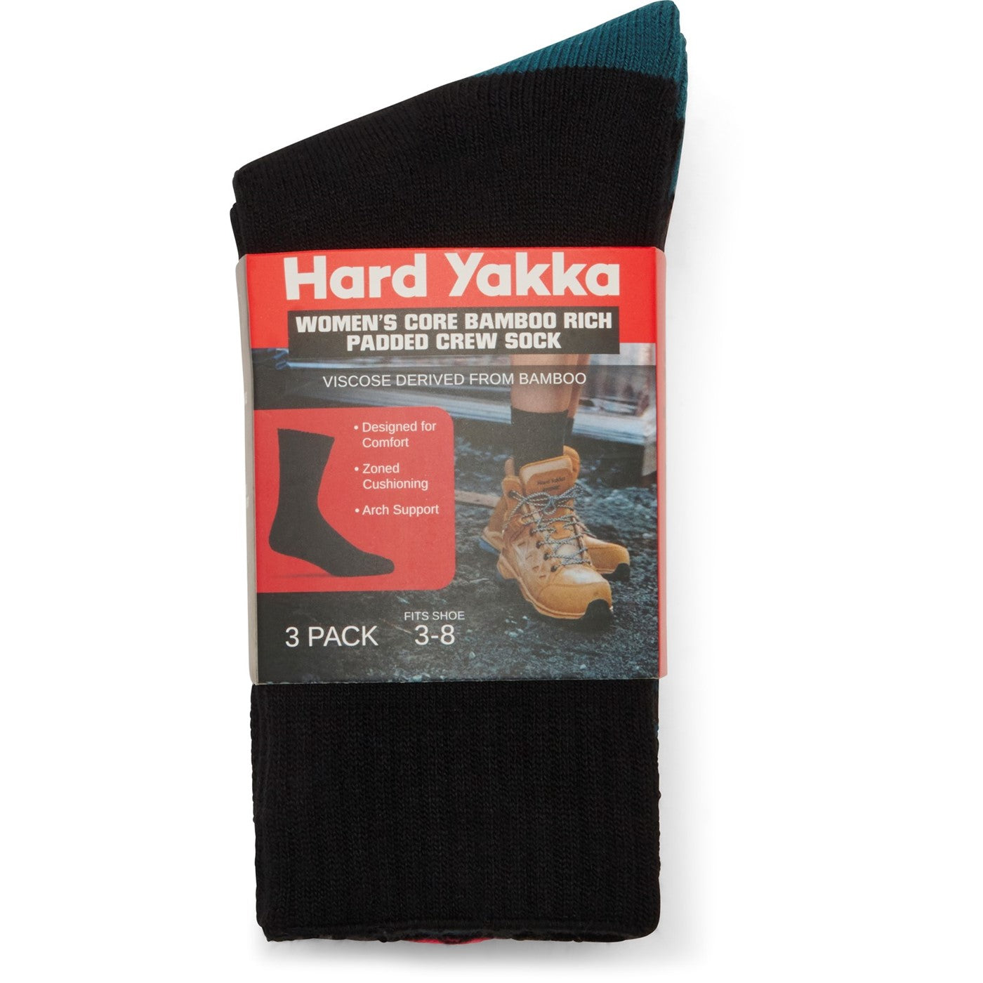 Hard Yakka Women's Core Bamboo Rich Padded Crew Sock - 3 Pack  Multicoloured